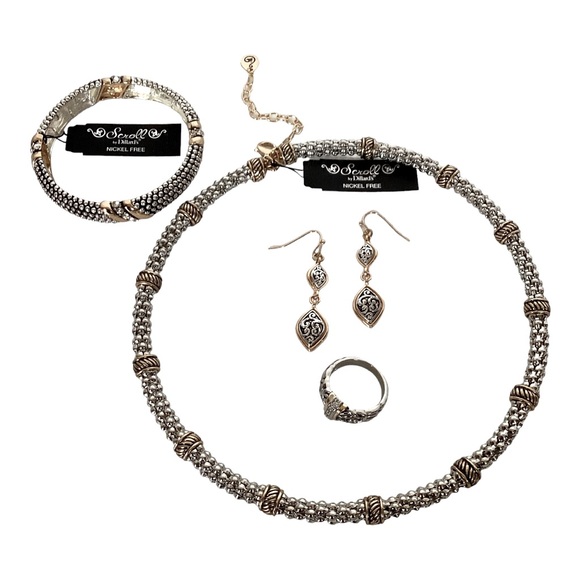 Scroll Gold And Silver Tone Metal Wire Statement Collar Necklace Crystal Accents - Picture 10 of 13